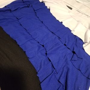 Blue, black, and white ruffle blouse